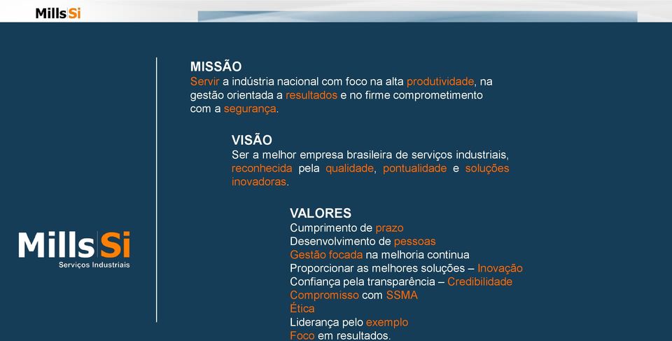 VISÃO Ser a melhor empresa brasileira de serviços industriais, reconhecida pela qualidade, pontualidade e soluções inovadoras.