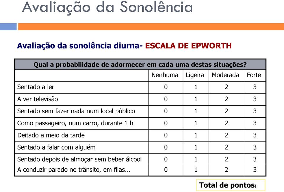 Nenhuma Ligeira Moderada Forte Sentado a ler 0 1 2 3 A ver televisão 0 1 2 3 Sentado sem fazer nada num local público 0 1 2