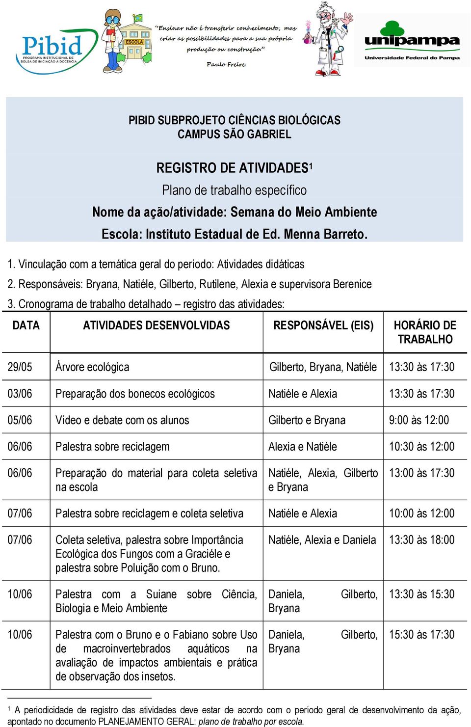 Cronograma de trabalho detalhado registro das atividades: DATA ATIVIDADES DESENVOLVIDAS RESPONSÁVEL (EIS) HORÁRIO DE TRABALHO 29/05 Árvore ecológica Gilberto, Bryana, Natiéle 13:30 às 17:30 03/06