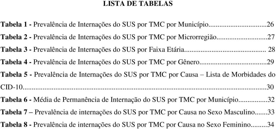 ..29 Tabela 5 - Prevalência de Internações do SUS por TMC por Causa Lista de Morbidades do CID-10.