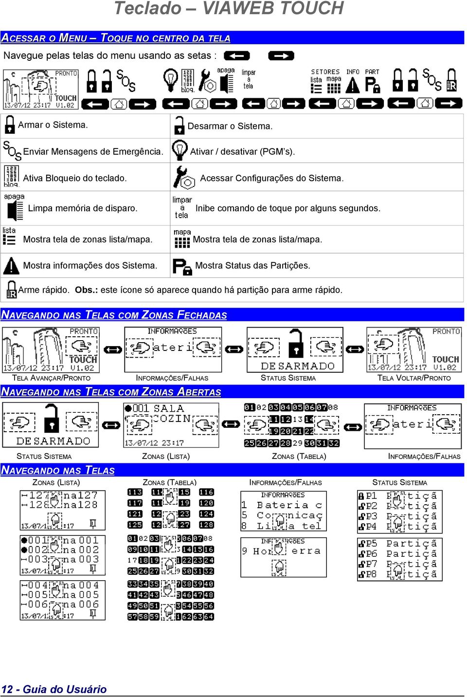 Mostra tela de zonas lista/mapa. Mostra informações dos Sistema. Mostra Status das Partições. Arme rápido. Obs.: este ícone só aparece quando há partição para arme rápido.