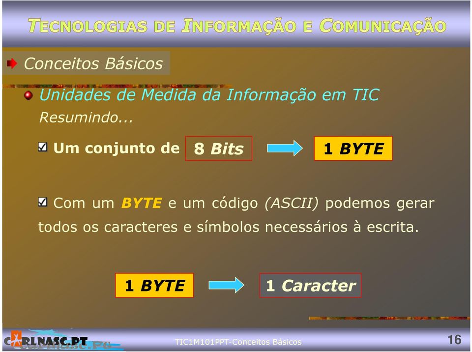 .. Um conjunto de 8Bits 1 BYTE Com um BYTE e um código