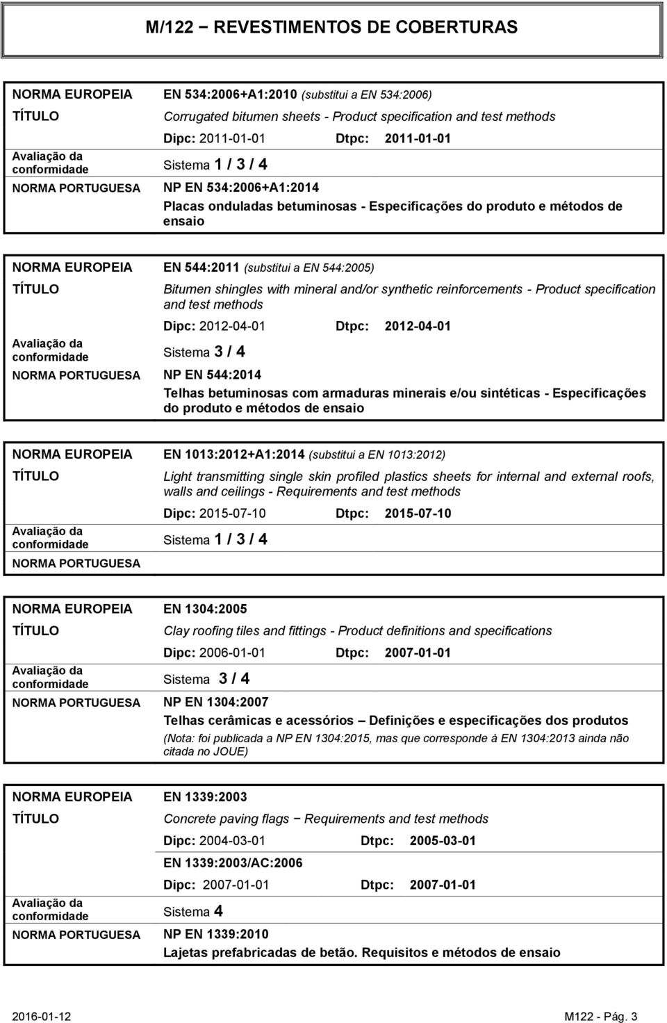 specification and test methods Dipc: 2012-04-01 Dtpc: 2012-04-01 NP EN 544:2014 Telhas betuminosas com armaduras minerais e/ou sintéticas - Especificações do produto e métodos de ensaio NORMA