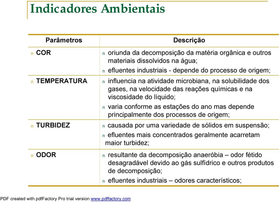 conforme as estações do ano mas depende principalmente dos processos de origem; causada por uma variedade de sólidos em suspensão; efluentes mais concentrados geralmente