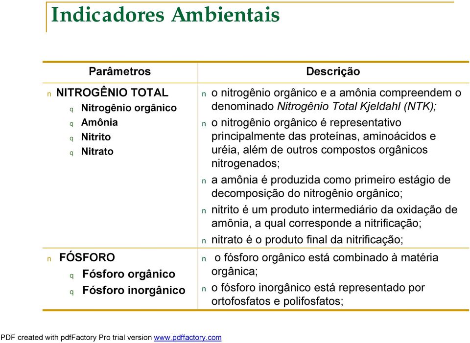 orgânicos nitrogenados; a amônia é produzida como primeiro estágio de decomposição do nitrogênio orgânico; nitrito é um produto intermediário da oxidação de amônia, a ual