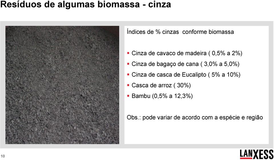 ( 3,0% a 5,0%) Cinza de casca de Eucalipto ( 5% a 10%) Casca de arroz (