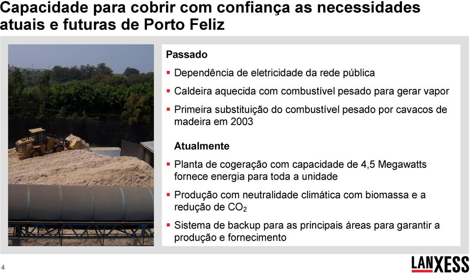 madeira em 2003 Atualmente Planta de cogeração com capacidade de 4,5 Megawatts fornece energia para toda a unidade Produção com