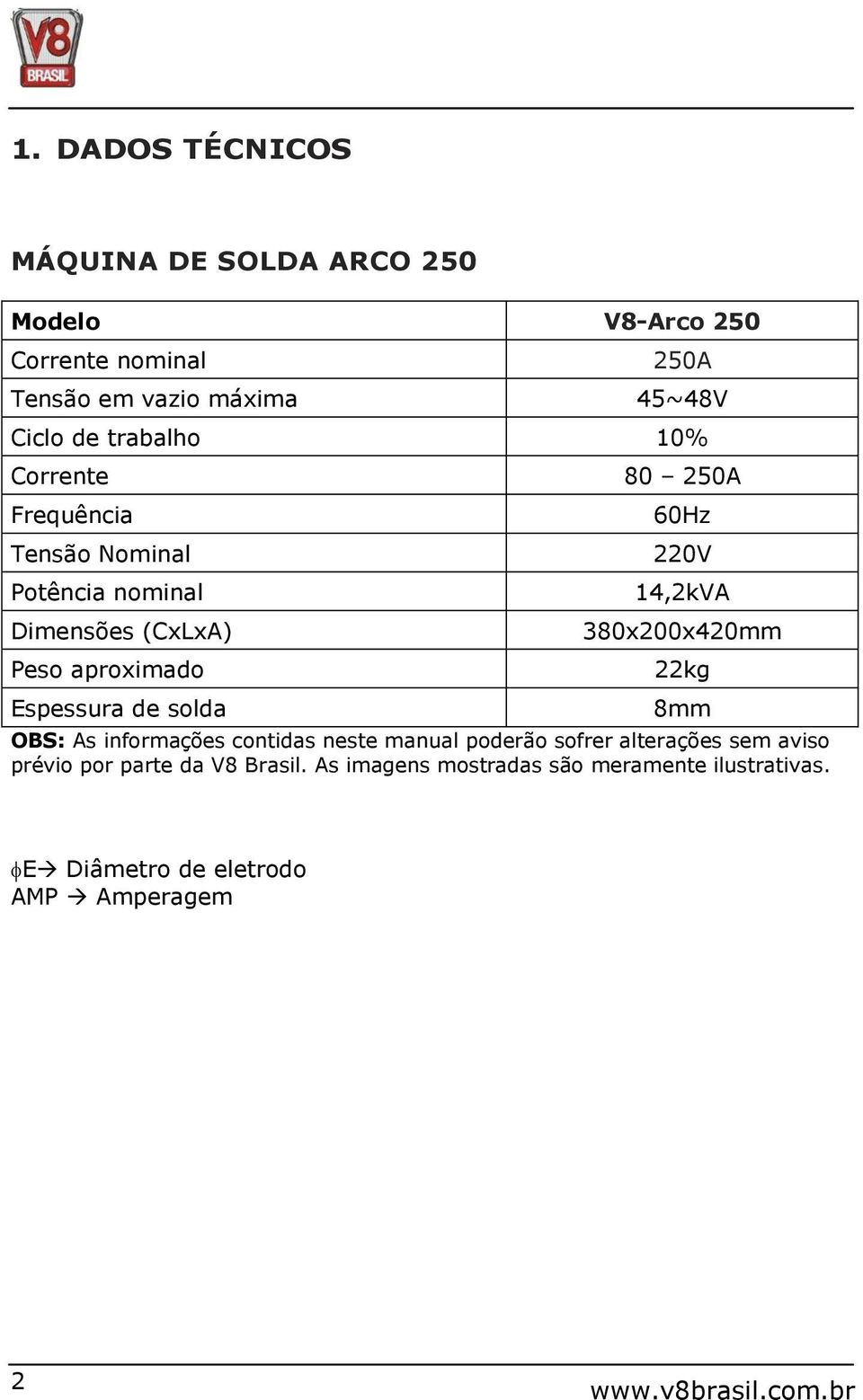 80 250A 60Hz 220V 14,2kVA 380x200x420mm 22kg 8mm OBS: As informações contidas neste manual poderão sofrer alterações sem