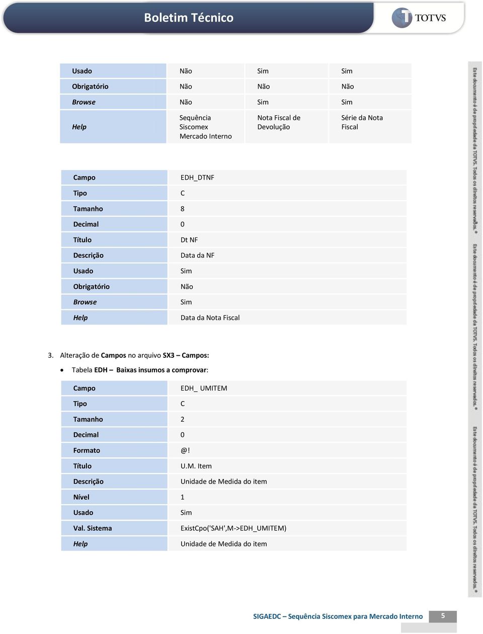 Alteração de s no arquivo SX3 s: Tabela EDH Baixas insumos a comprovar: EDH_ UMITEM C Tamanho 2 Decimal 0 Formato Título