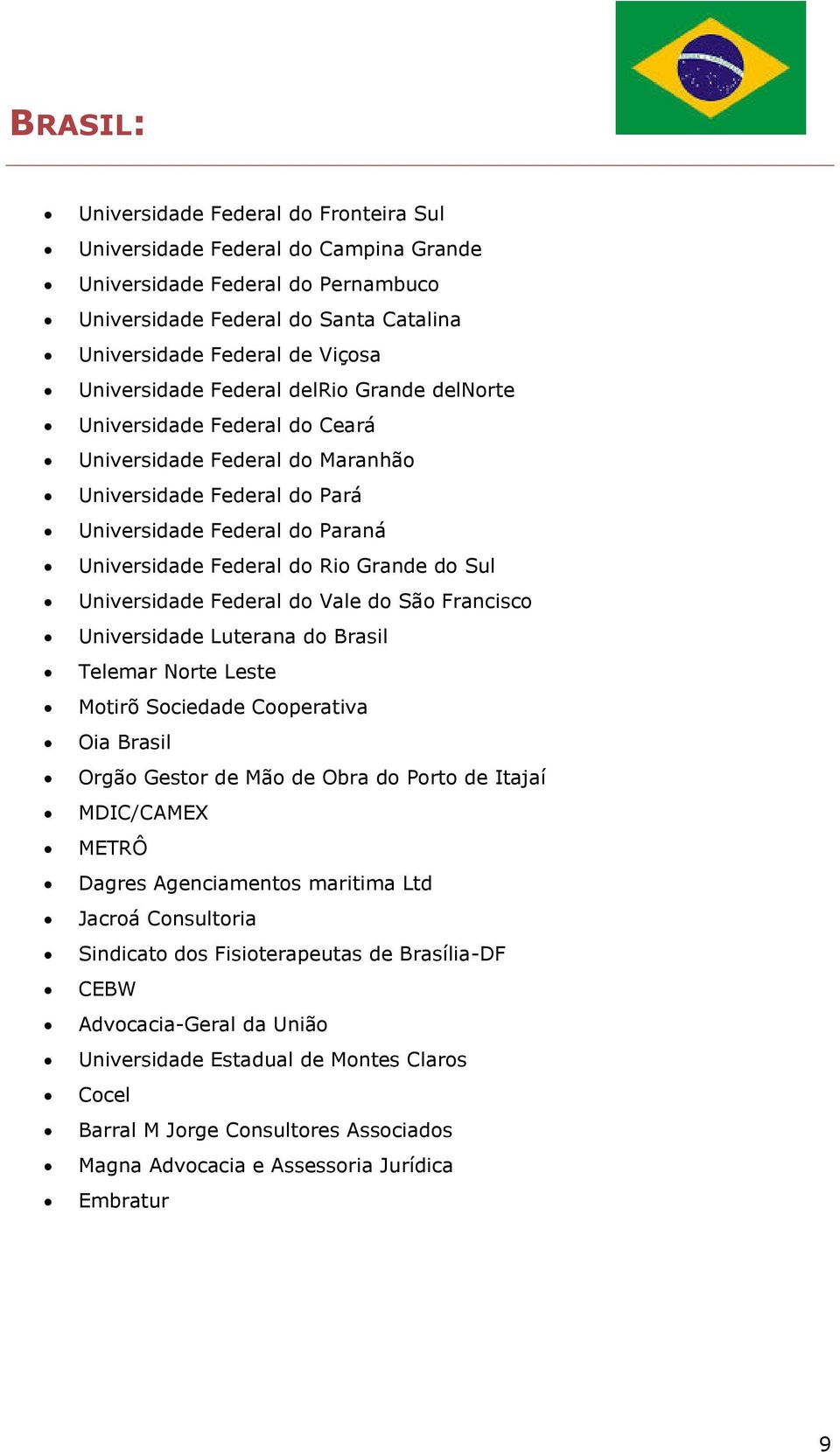 Universidade Federal do Vale do São Francisco Universidade Luterana do Brasil Telemar Norte Leste Motirõ Sociedade Cooperativa Oia Brasil Orgão Gestor de Mão de Obra do Porto de Itajaí MDIC/CAMEX