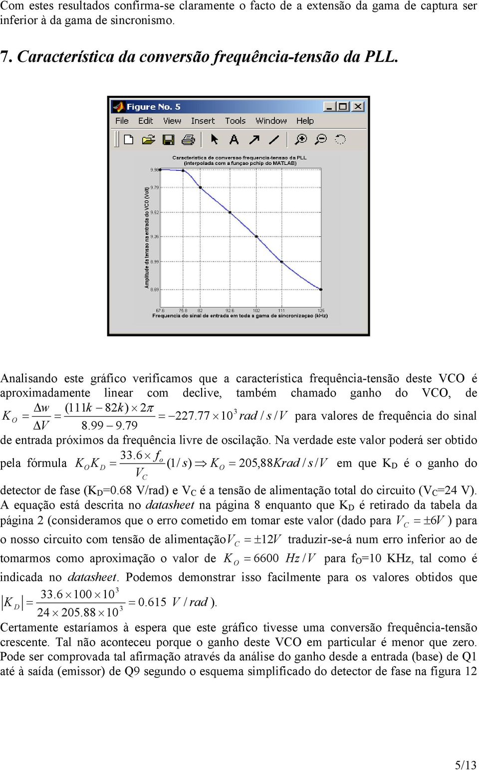 77 0 rad / s / V para valores de frequência do sinal V 8.99 9.79 de entrada próximos da frequência livre de oscilação. Na verdade este valor poderá ser obtido 33.