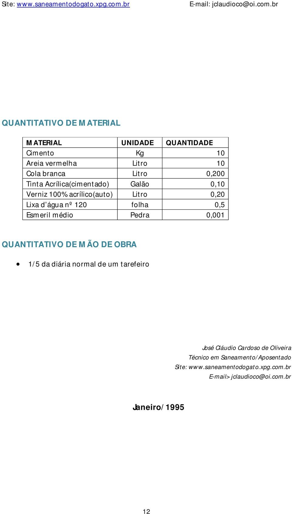 médio Pedra 0,001 QUANTITATIVO DE MÃO DE OBRA 1/5 da diária normal de um tarefeiro José Cláudio Cardoso de