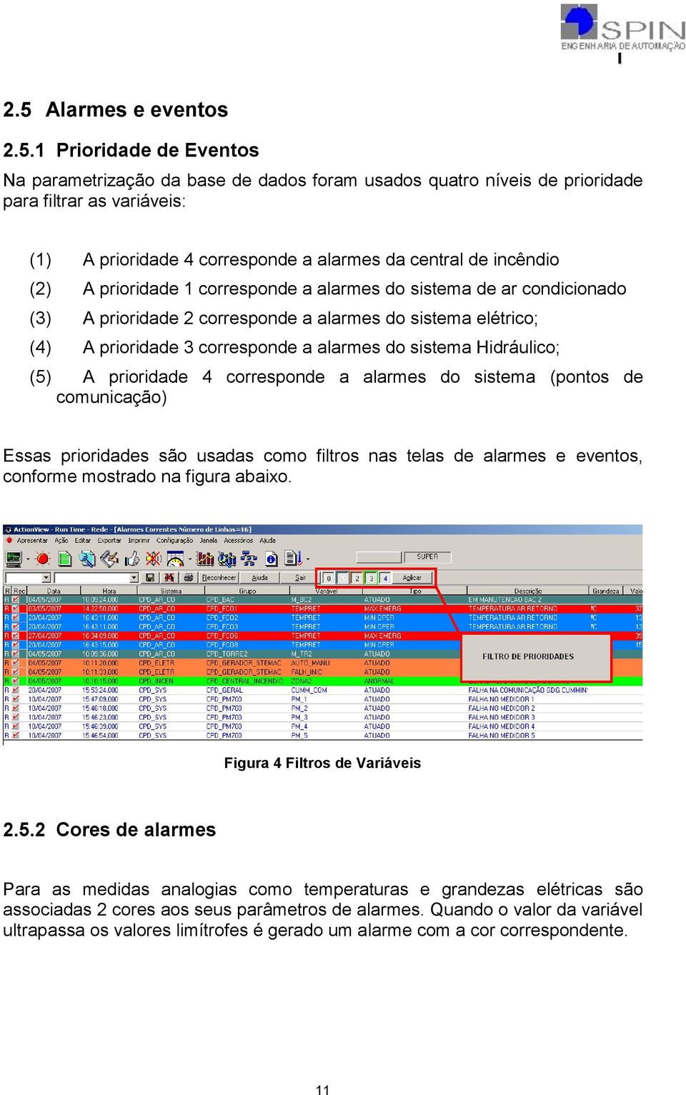 sistema Hidráulico; (5) A prioridade 4 corresponde a alarmes do sistema (pontos de comunicação) Essas prioridades são usadas como filtros nas telas de alarmes e eventos, conforme mostrado na figura