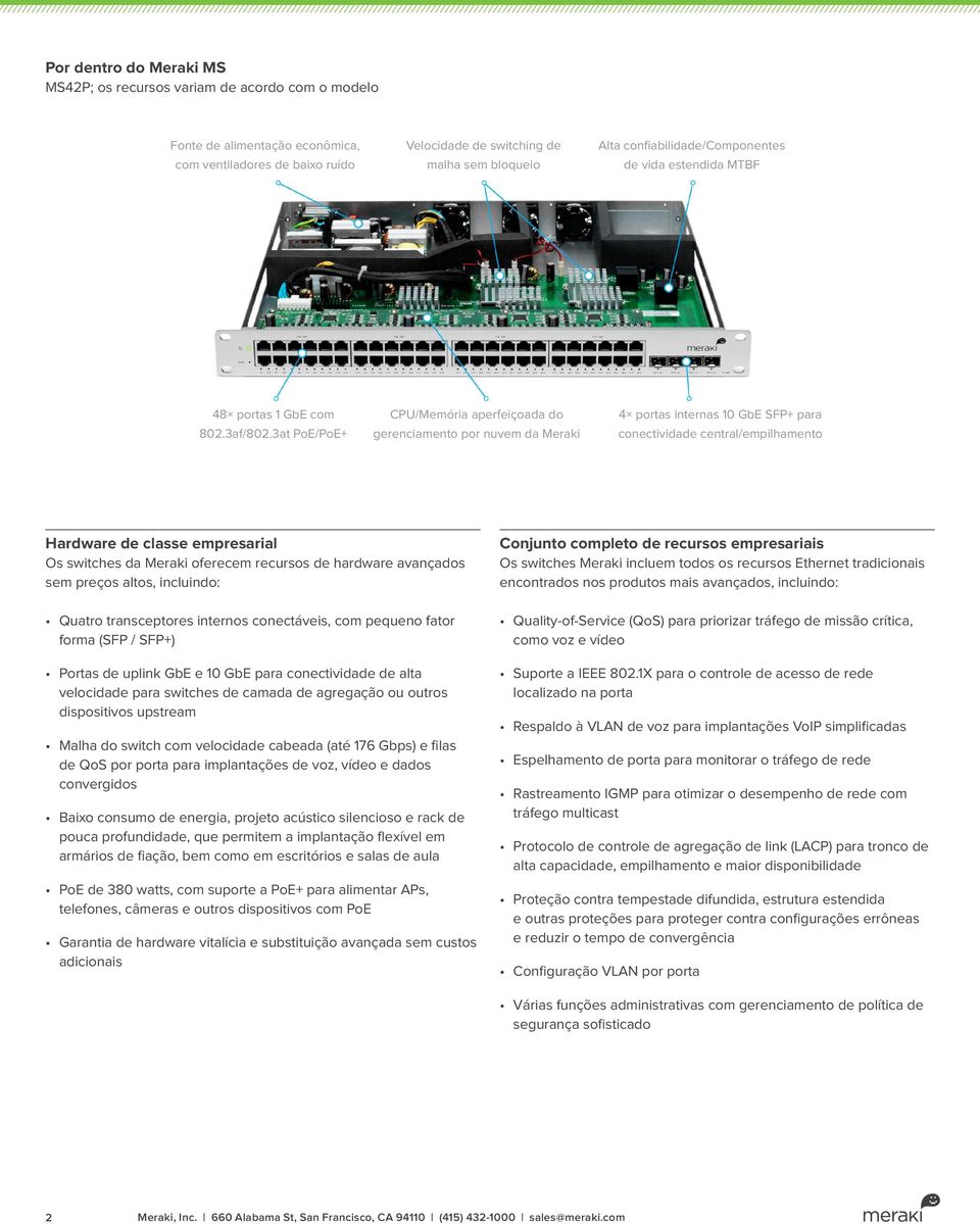 3at PoE/PoE+ CPU/Memória aperfeiçoada do gerenciamento por nuvem da Meraki 4 portas internas 10 GbE SFP+ para conectividade central/empilhamento Hardware de classe empresarial Os switches da Meraki