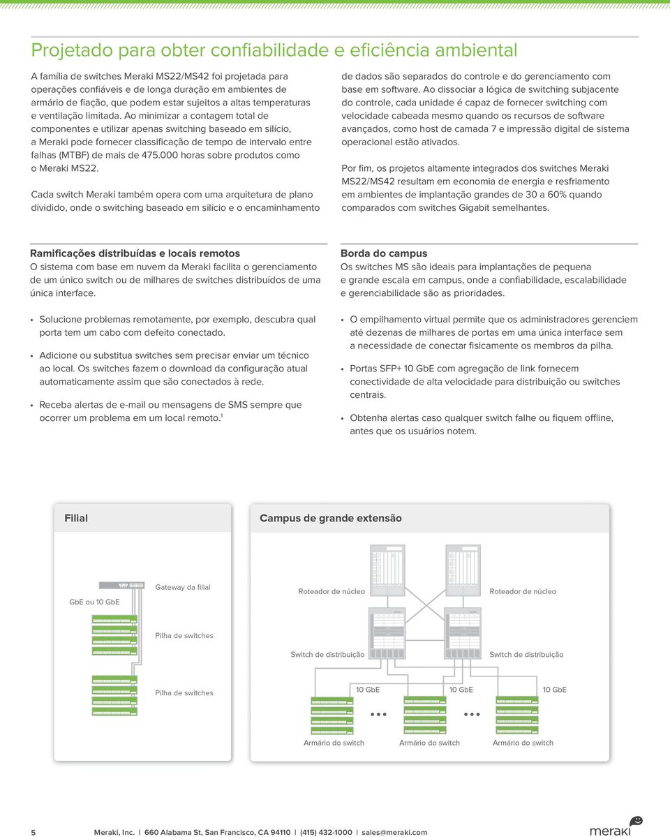 Ao minimizar a contagem total de componentes e utilizar apenas switching baseado em silício, a Meraki pode fornecer classificação de tempo de intervalo entre falhas (MTBF) de mais de 475.