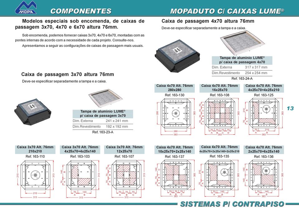 presentamos a seguir as configurações de caixas de passagem mais usuais. aixa de passagem 3x altura 76mm Deve-se especificar separadamente a tampa e a caixa. aixa 4x lt. 76mm 280x280 Ref.