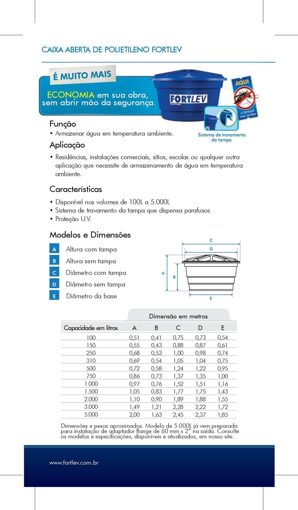 Características Disponível nos volumes de 0L a 5.000L Sistema de travamento da tampa que dispensa parafusos Proteção U.V.