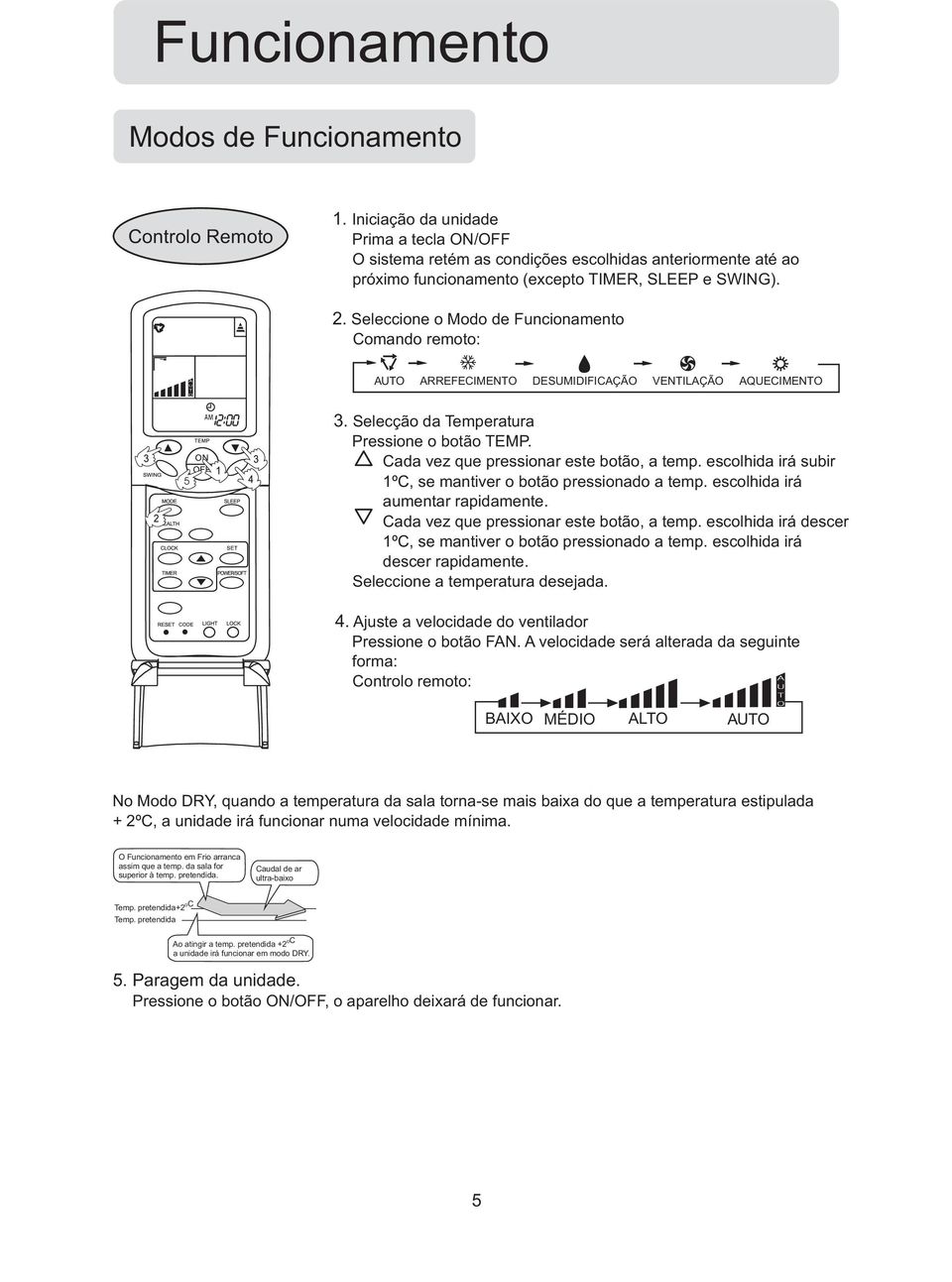 Seleccione o Modo de Funcionamento Comando remoto: AUTO ARREFECIMENTO DESUMIDIFICAÇÃO VENTILAÇÃO AQUECIMENTO 5 3. Selecção da Temperatura Pressione o botão TEMP.