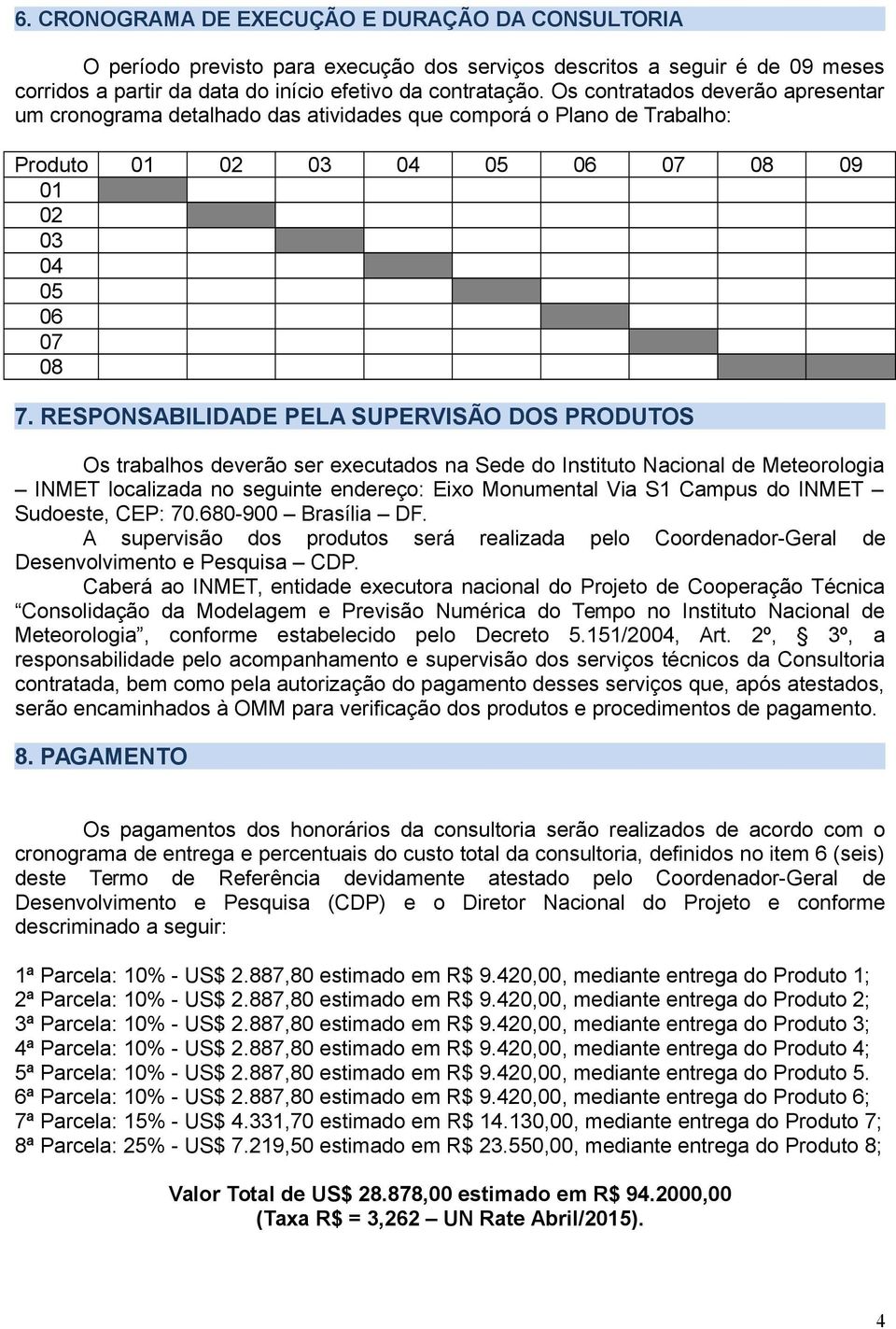 RESPONSABILIDADE PELA SUPERVISÃO DOS PRODUTOS Os trabalhos deverão ser executados na Sede do Instituto Nacional de Meteorologia INMET localizada no seguinte endereço: Eixo Monumental Via S1 Campus do