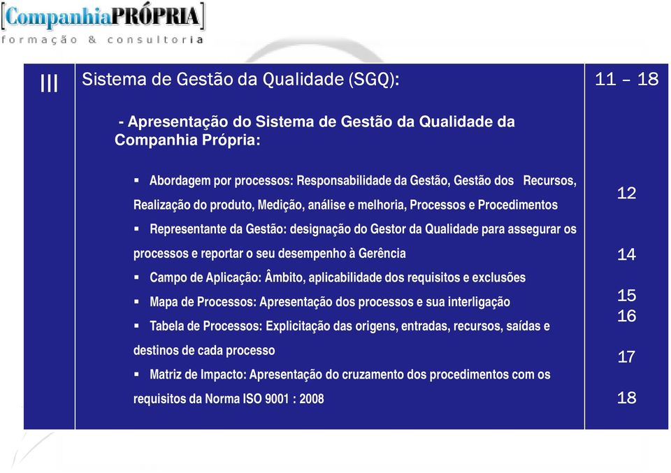 seu desempenho à Gerência Campo de Aplicação: Âmbito, aplicabilidade dos requisitos e exclusões Mapa de Processos: Apresentação dos processos e sua interligação Tabela de Processos: