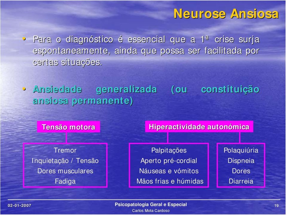Ansiedade generalizada (ou constituição ansiosa permanente) Tensão motora Hiperactividade