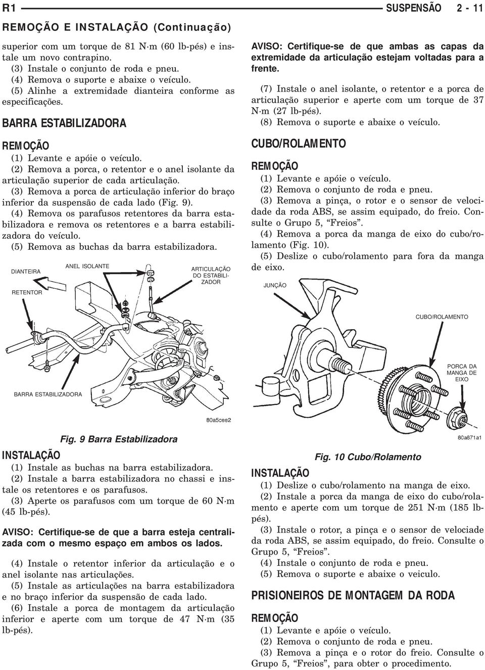 (2) Remova a porca, o retentor e o anel isolante da articulação superior de cada articulação. (3) Remova a porca de articulação inferior do braço inferior da suspensão de cada lado (Fig. 9).