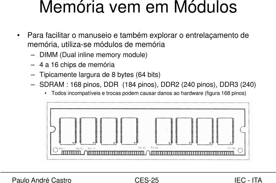 memória Tipicamente largura de 8 bytes (64 bits) SDRAM : 168 pinos, DDR (184 pinos), DDR2