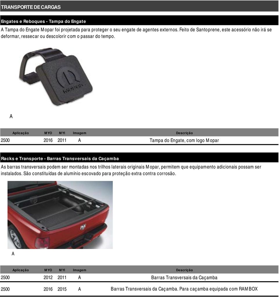 plicação 2500 2016 2011 Tampa do Engate, com logo Mopar Racks e Transporte - Barras Transversais da Caçamba s barras transversais podem ser montadas nos trilhos laterais