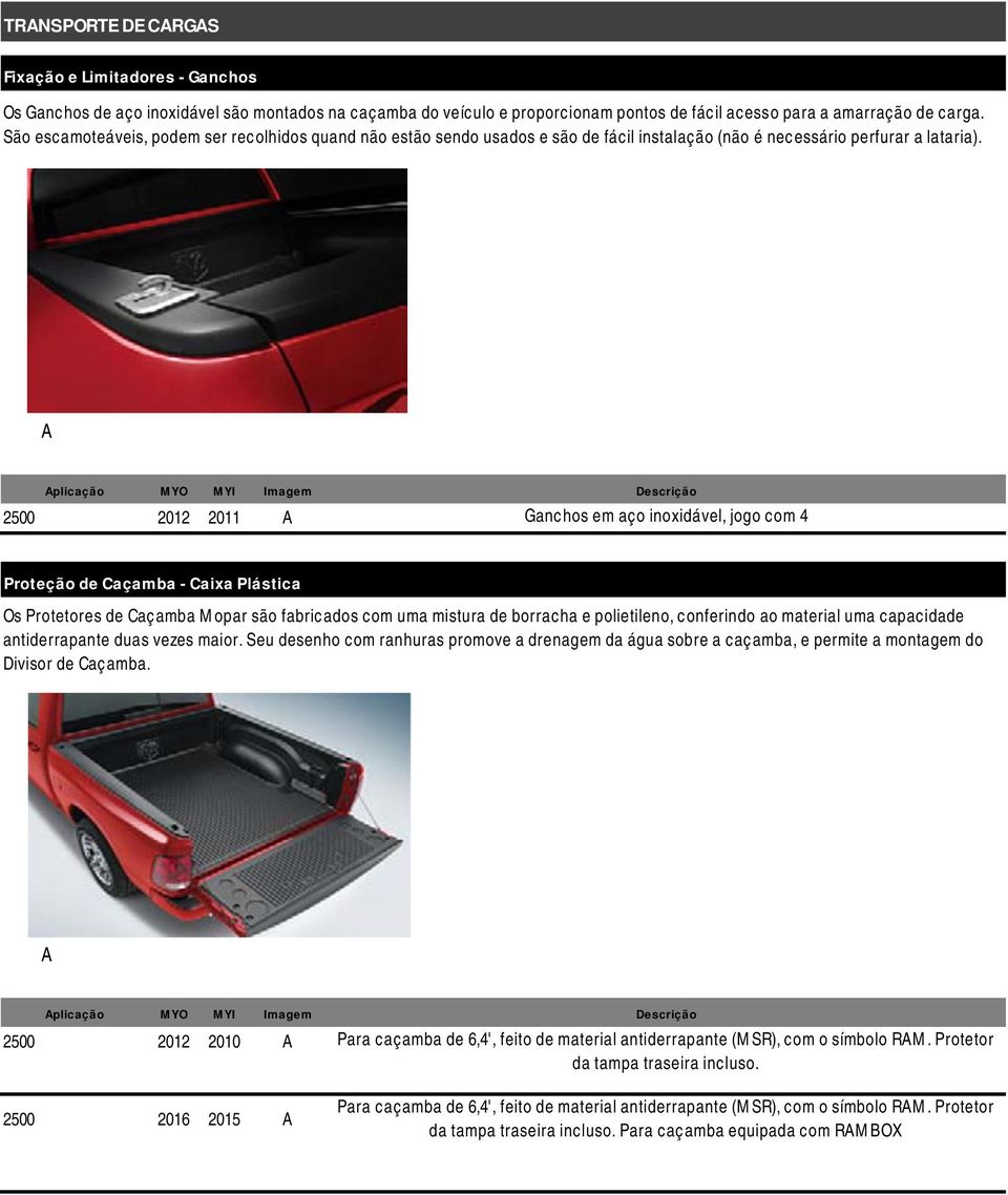 plicação 2500 2012 2011 Ganchos em aço inoxidável, jogo com 4 Proteção de Caçamba - Caixa Plástica Os Protetores de Caçamba Mopar são fabricados com uma mistura de borracha e polietileno, conferindo