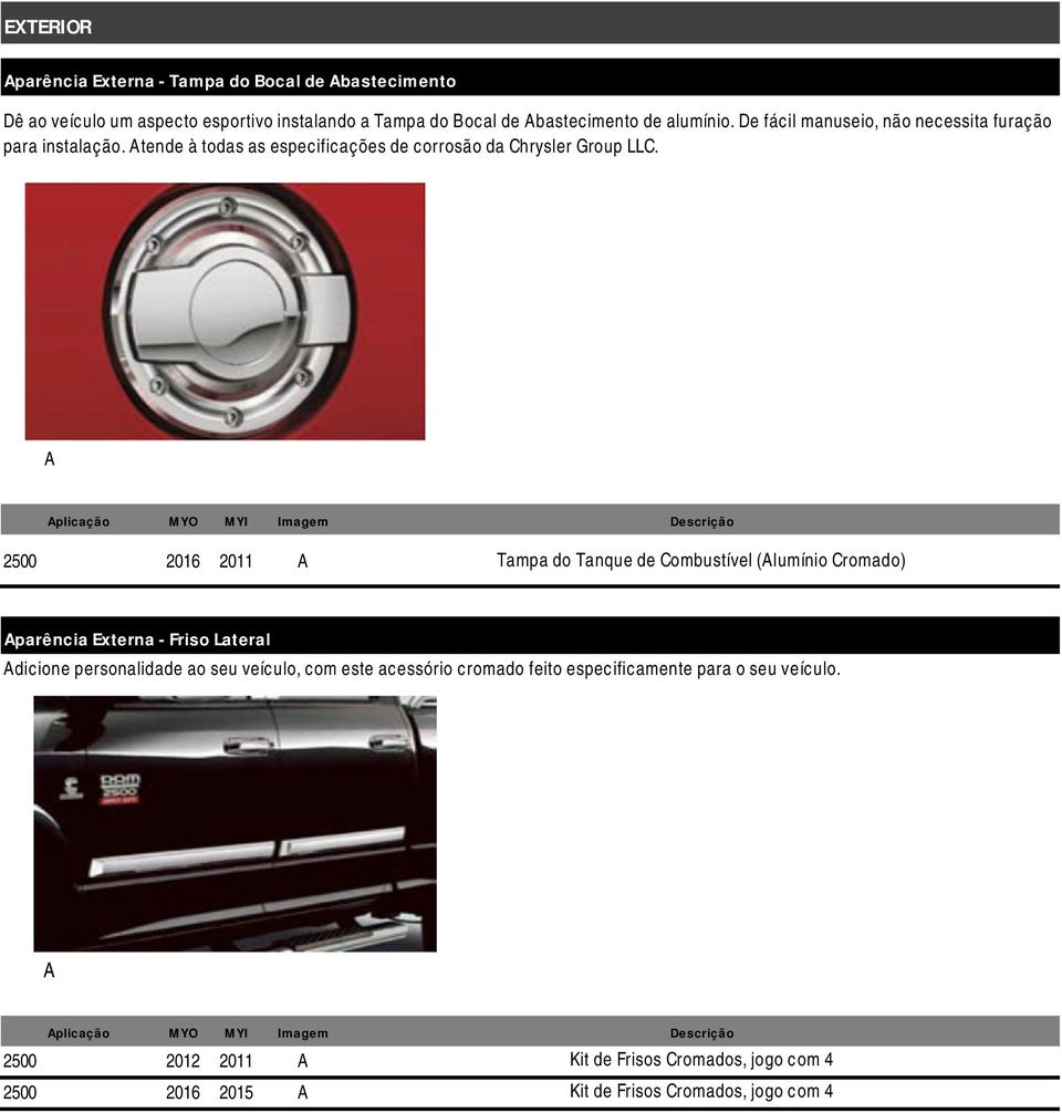 plicação 2500 2016 2011 Tampa do Tanque de Combustível (lumínio Cromado) parência Externa - Friso Lateral dicione personalidade ao seu veículo, com