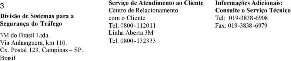 Brasil Serviço de Atendimento ao Cliente Centro de Relacionamento com o Cliente Tel: