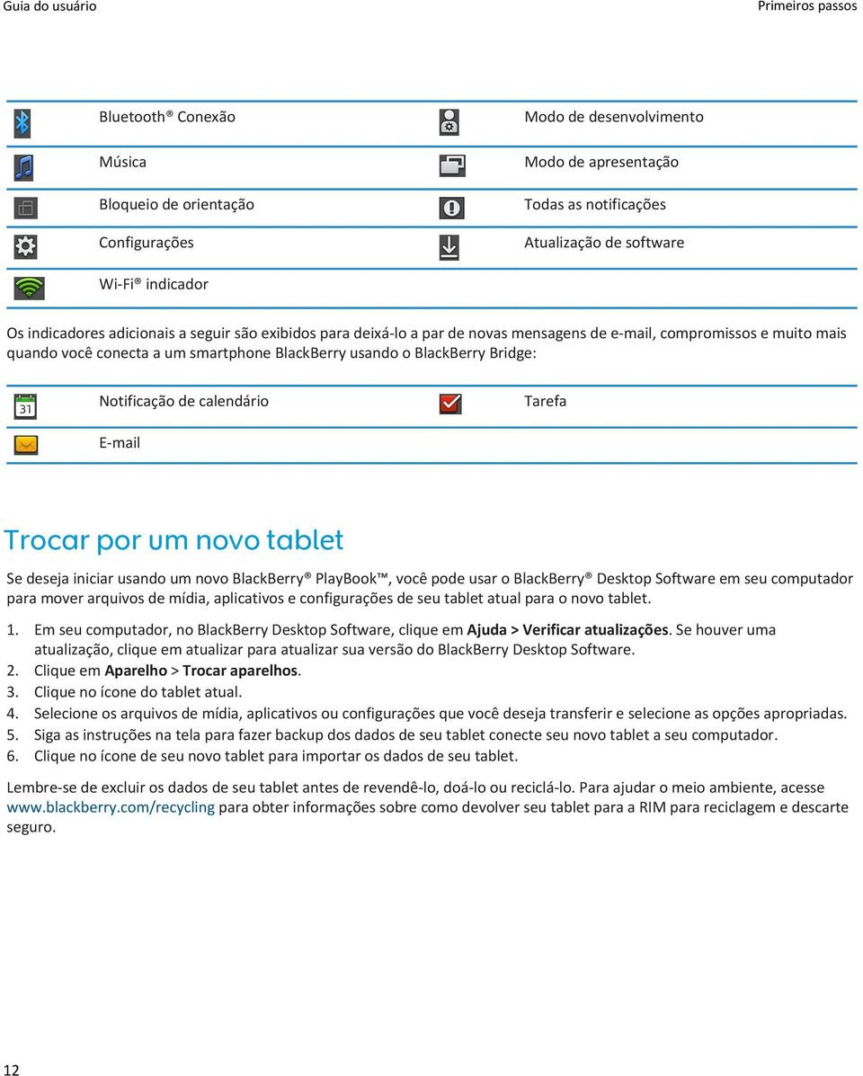 Notificação de calendário Tarefa E-mail Trocar por um novo tablet Se deseja iniciar usando um novo BlackBerry PlayBook, você pode usar o BlackBerry Desktop Software em seu computador para mover