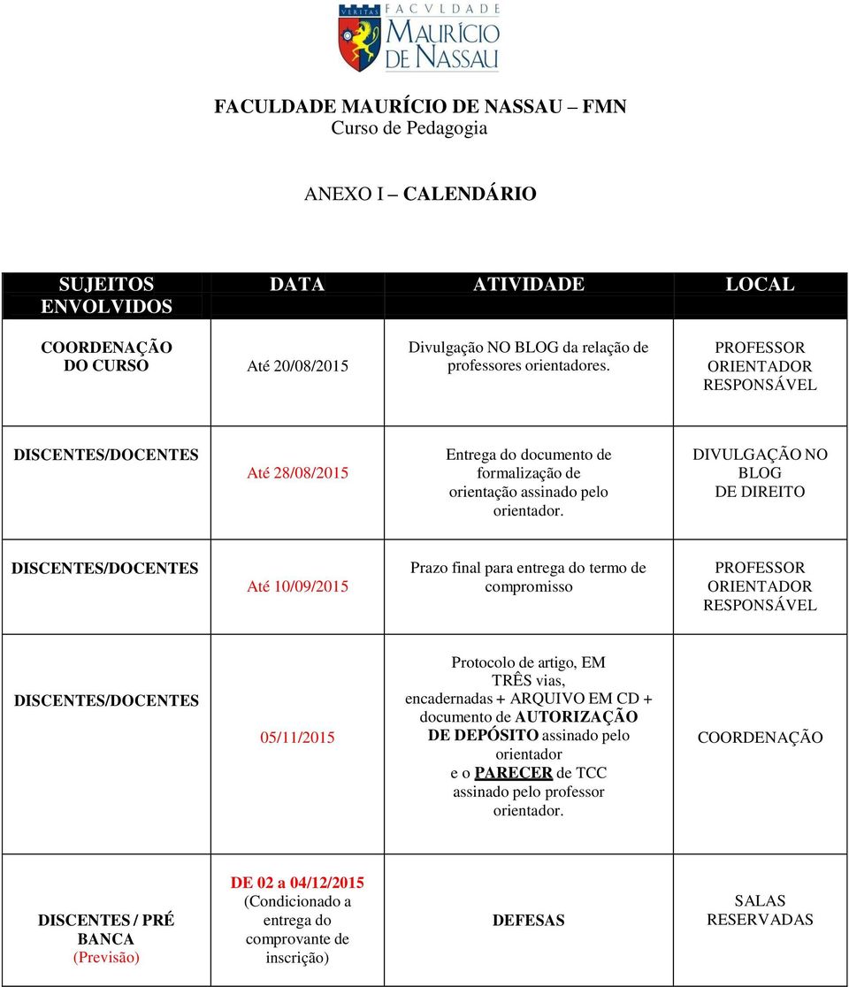 DIVULGAÇÃO NO BLOG DE DIREITO DISCENTES/DOCENTES Até 10/09/2015 Prazo final para entrega do termo de compromisso PROFESSOR ORIENTADOR RESPONSÁVEL DISCENTES/DOCENTES 05/11/2015 Protocolo de artigo, EM