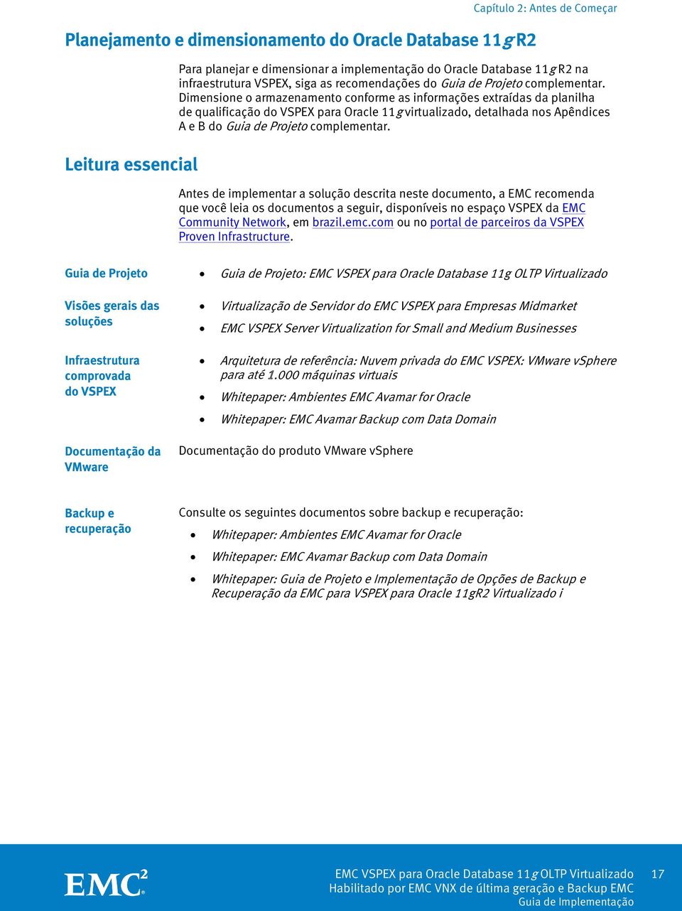 Dimensione o armazenamento conforme as informações extraídas da planilha de qualificação do VSPEX para Oracle 11g virtualizado, detalhada nos Apêndices A e B do Guia de Projeto complementar.