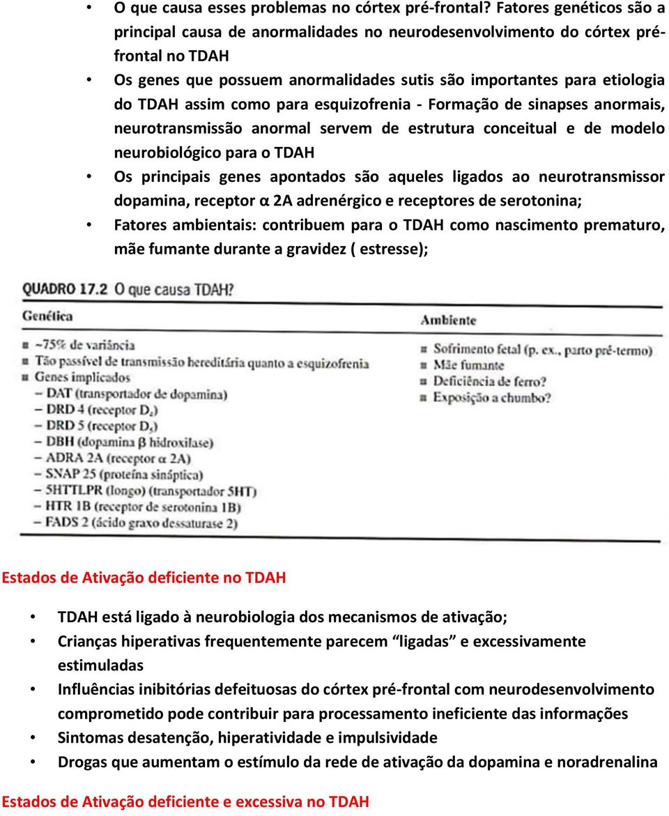 como para esquizofrenia - Formação de sinapses anormais, neurotransmissão anormal servem de estrutura conceitual e de modelo neurobiológico para o TDAH Os principais genes apontados são aqueles