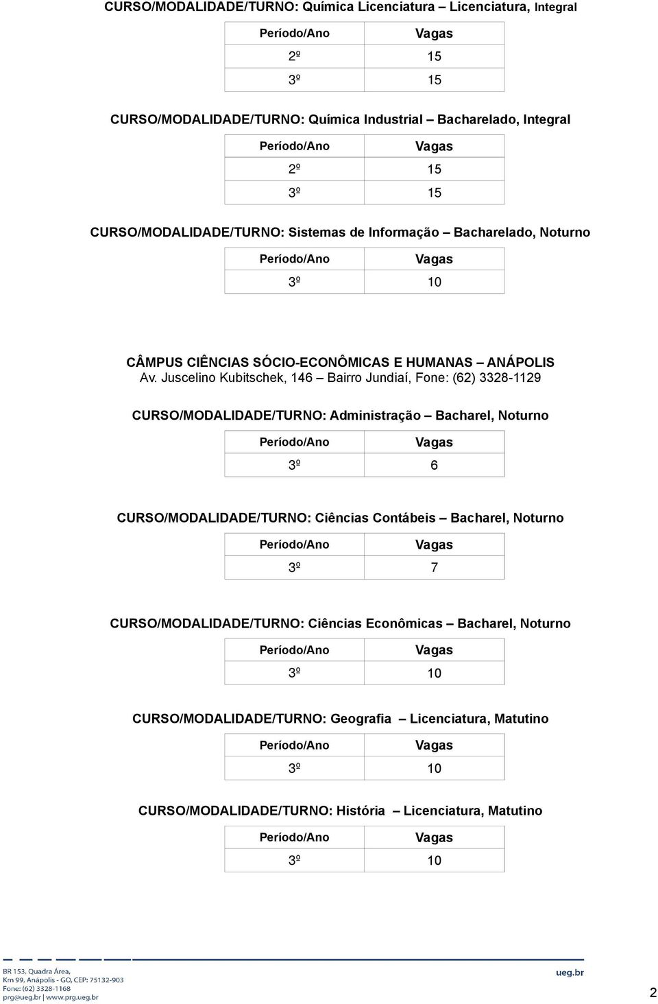 Juscelino Kubitschek, 146 Bairro Jundiaí, Fone: (62) 3328-1129 CURSO/MODALIDADE/TURNO: Administração Bacharel, Noturno 3º 6 CURSO/MODALIDADE/TURNO: Ciências