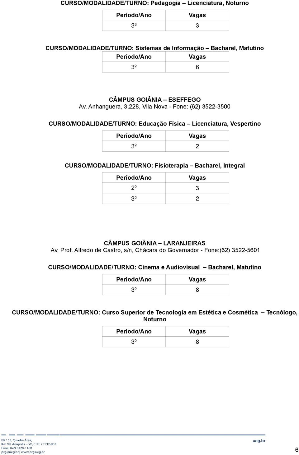 228, Vila Nova - Fone: (62) 3522-3500 CURSO/MODALIDADE/TURNO: Educação Física Licenciatura, Vespertino 3º 2 CURSO/MODALIDADE/TURNO: Fisioterapia