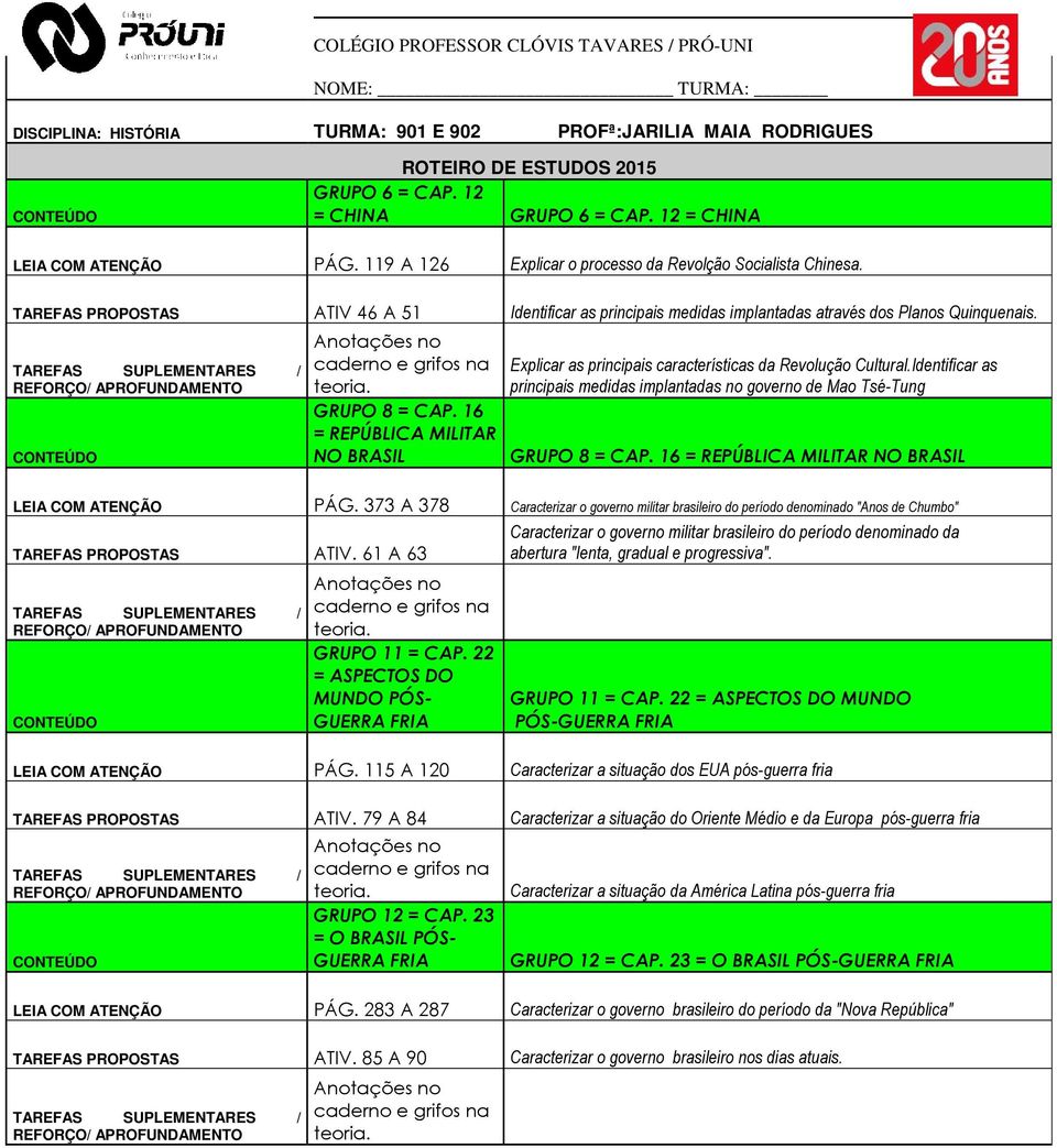 TAREFAS PROPOSTAS ATIV 46 A 51 Identificar as principais medidas implantadas através dos Planos Quinquenais.