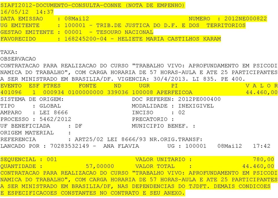 HORAS-AULA E ATE 25 PARTICIPANTES A SER MINISTRADO EM BRASILIA/DF. VIGENCIA: 30/4/2013. LI 835. PE 400. 401096 1 000934 0100000000 339036 100008 APERFEICOA 44.