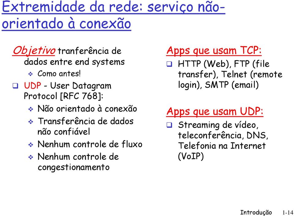de fluxo Nenhum controle de congestionamento Apps que usam TCP: HTTP (Web), FTP (file transfer), Telnet (remote