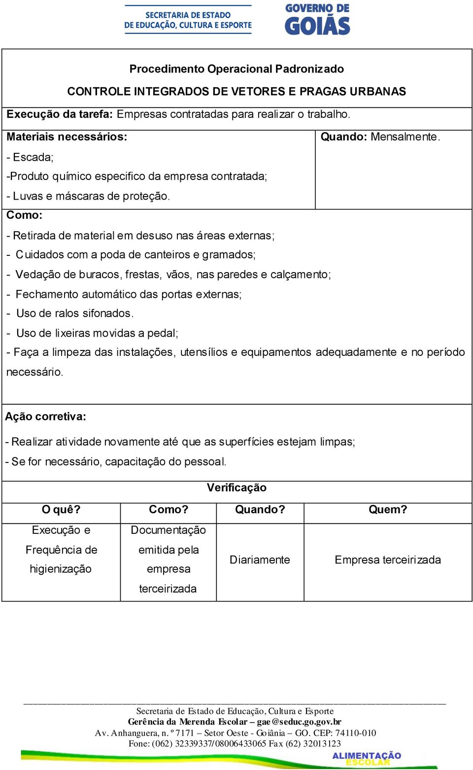 - Retirada de material em desuso nas áreas externas; - Cuidados com a poda de canteiros e gramados; - Vedação de buracos, frestas, vãos, nas paredes e calçamento; - Fechamento automático das portas