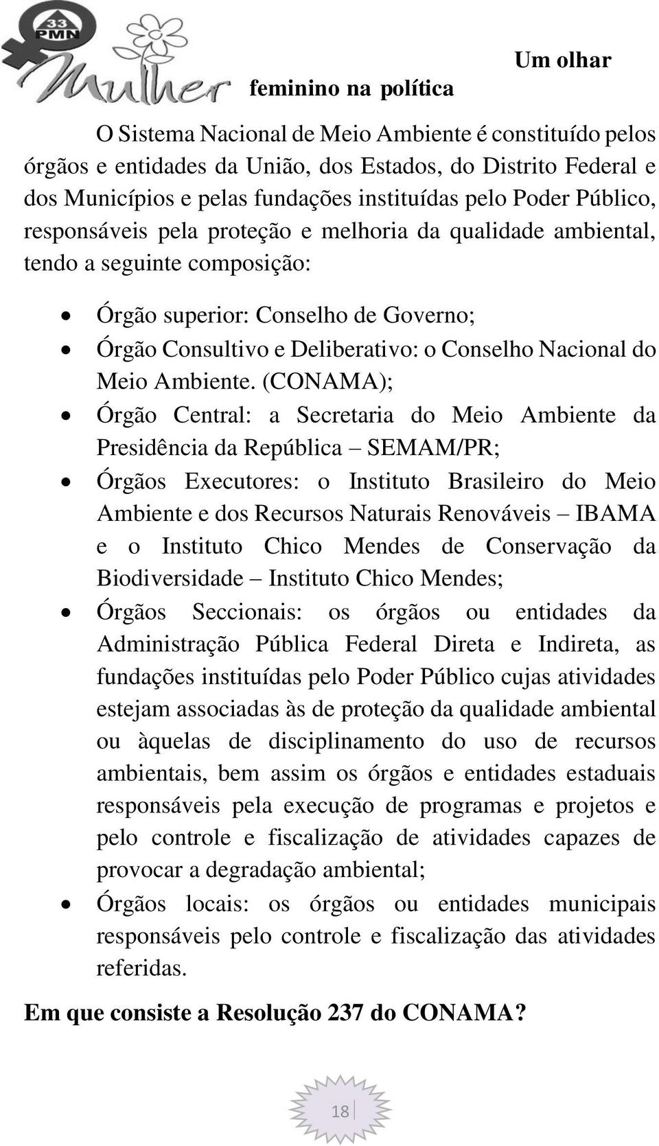 (CONAMA); Órgão Central: a Secretaria do Meio Ambiente da Presidência da República SEMAM/PR; Órgãos Executores: o Instituto Brasileiro do Meio Ambiente e dos Recursos Naturais Renováveis IBAMA e o