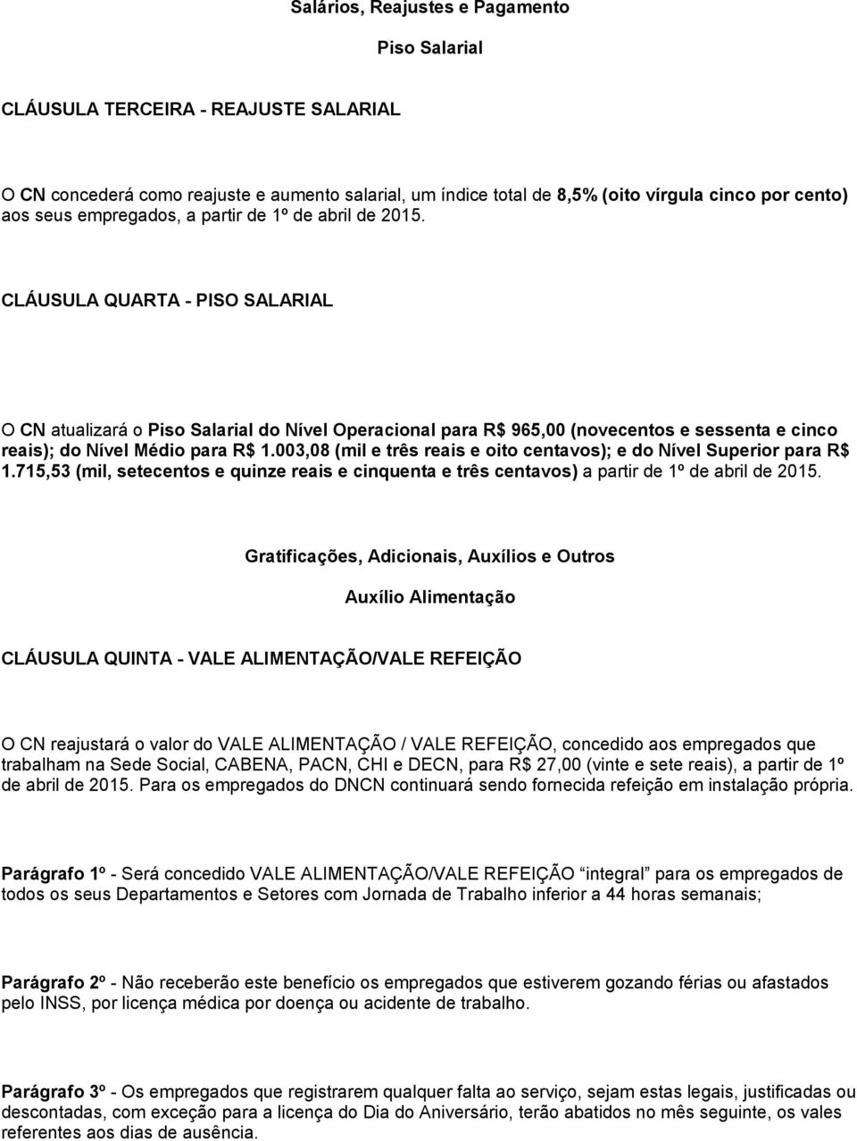 CLÁUSULA QUARTA - PISO SALARIAL O CN atualizará o Piso Salarial do Nível Operacional para R$ 965,00 (novecentos e sessenta e cinco reais); do Nível Médio para R$ 1.