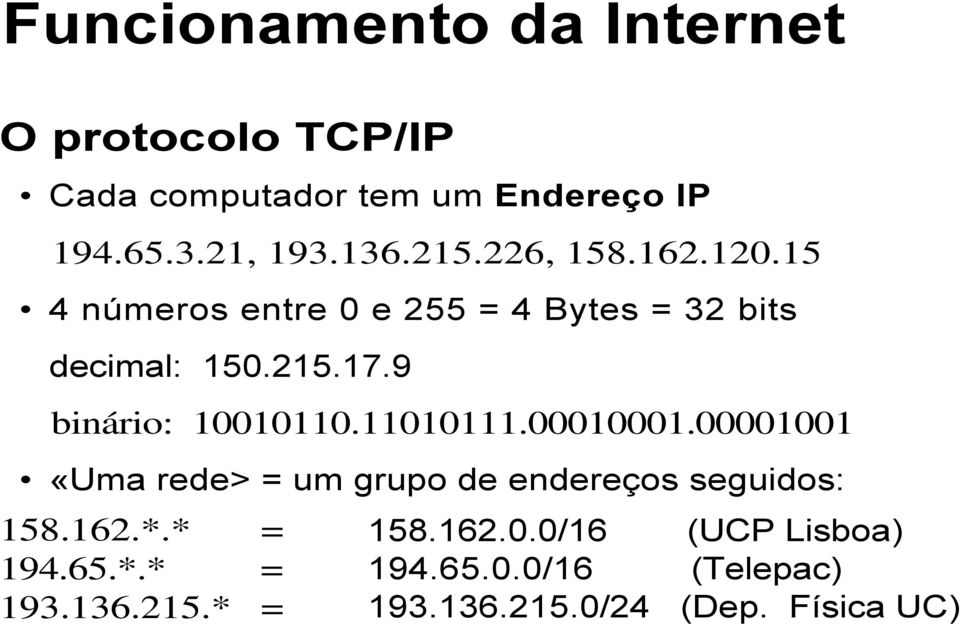 9 binário: 10010110.11010111.00010001.00001001 «Uma rede> = um grupo de endereços seguidos: 158.162.*.