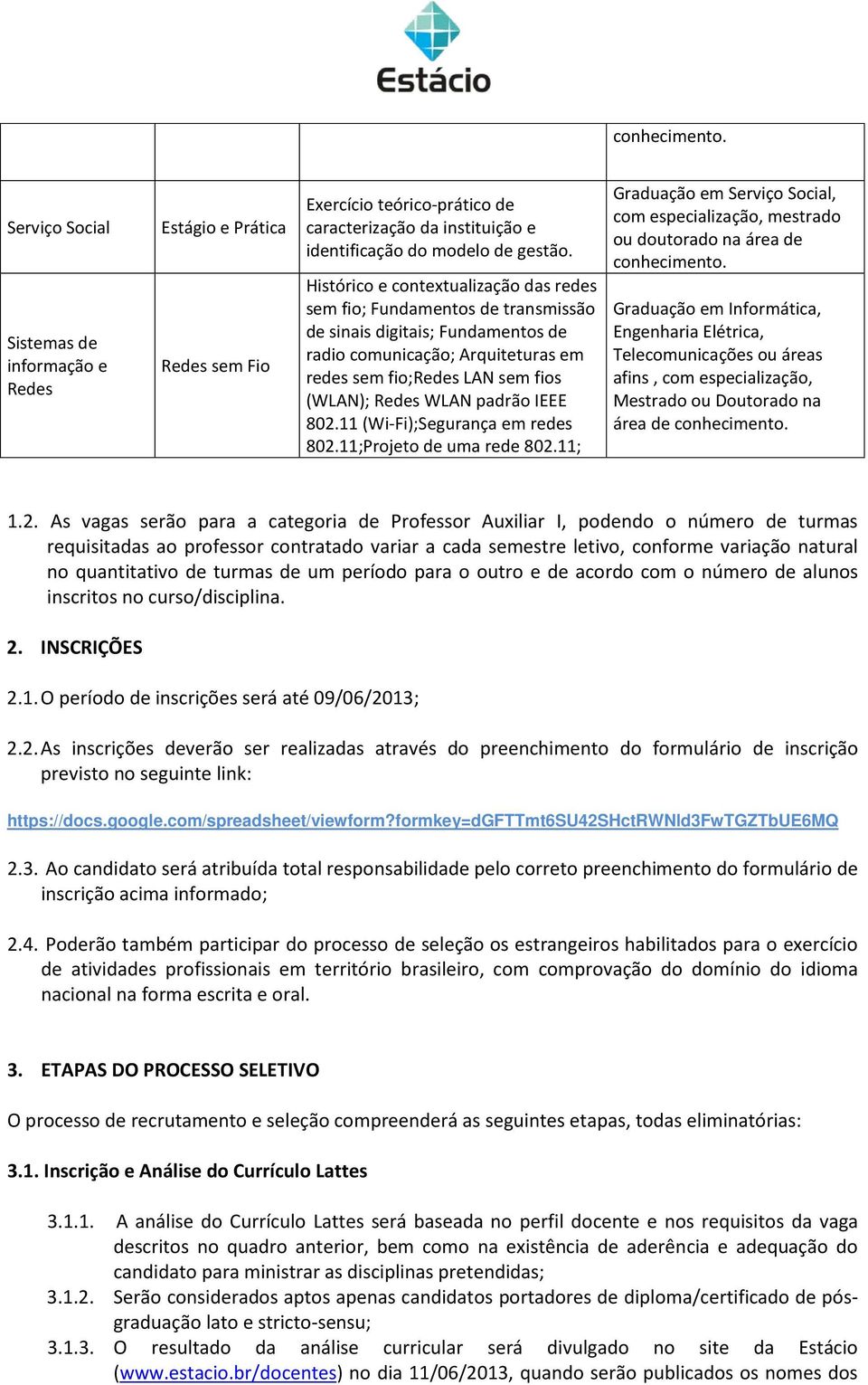 padrão IEEE 802.11 (Wi-Fi);Segurança em redes 802.11;Projeto de uma rede 802.11; Graduação em Serviço Social, com especialização, mestrado ou conhecimento.