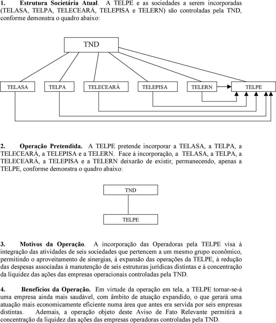 TELPE 2. Operação Pretendida. A TELPE pretende incorporar a TELASA, a TELPA, a TELECEARÁ, a TELEPISA e a TELERN.