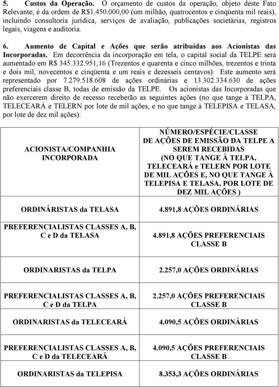 Aumento de Capital e Ações que serão atribuídas aos Acionistas das Incorporadas. Em decorrência da incorporação em tela, o capital social da TELPE será aumentado em R$ 345.332.