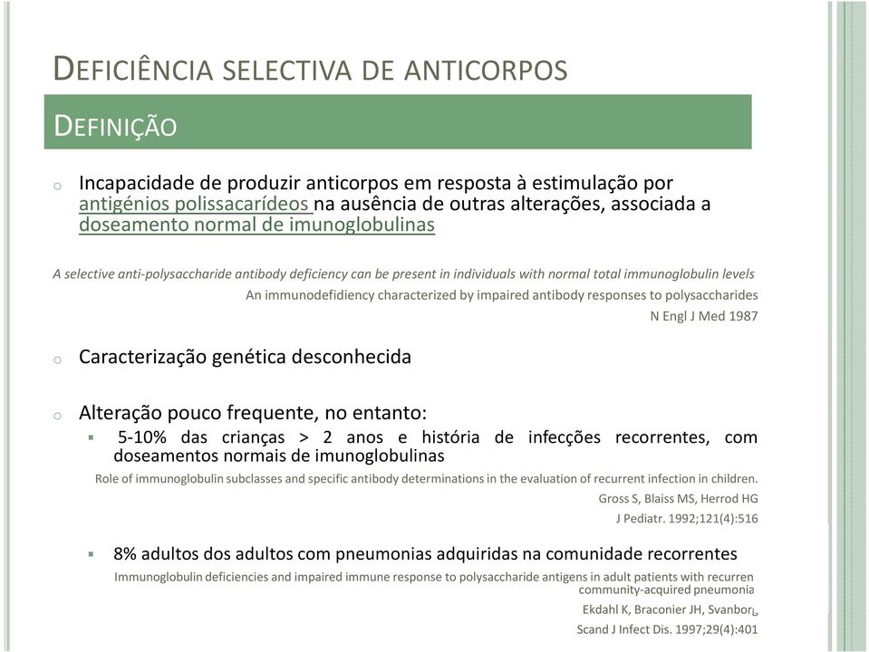 immunodefidiency characterized by impaired antibody responses to polysaccharides N EnglJ Med 1987 5-10% das crianças > 2 anos e história de infecções recorrentes, com doseamentos normais de