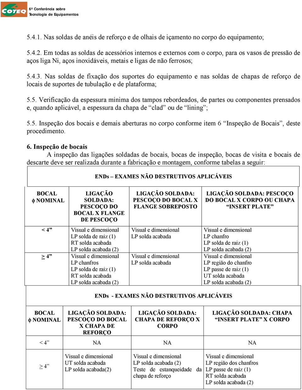 Nas soldas de fixação dos suportes do equipamento e nas soldas de chapas de reforço de locais de suportes de tubulação e de plataforma; 5.