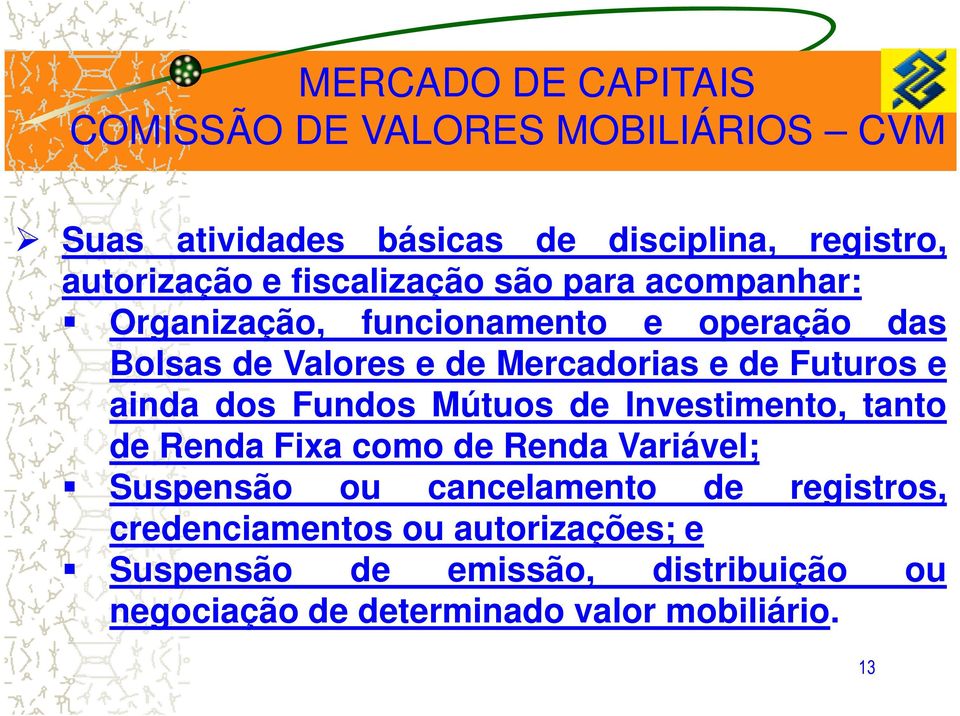 Futuros e ainda dos Fundos Mútuos de Investimento, tanto de Renda Fixa como de Renda Variável; Suspensão ou cancelamento